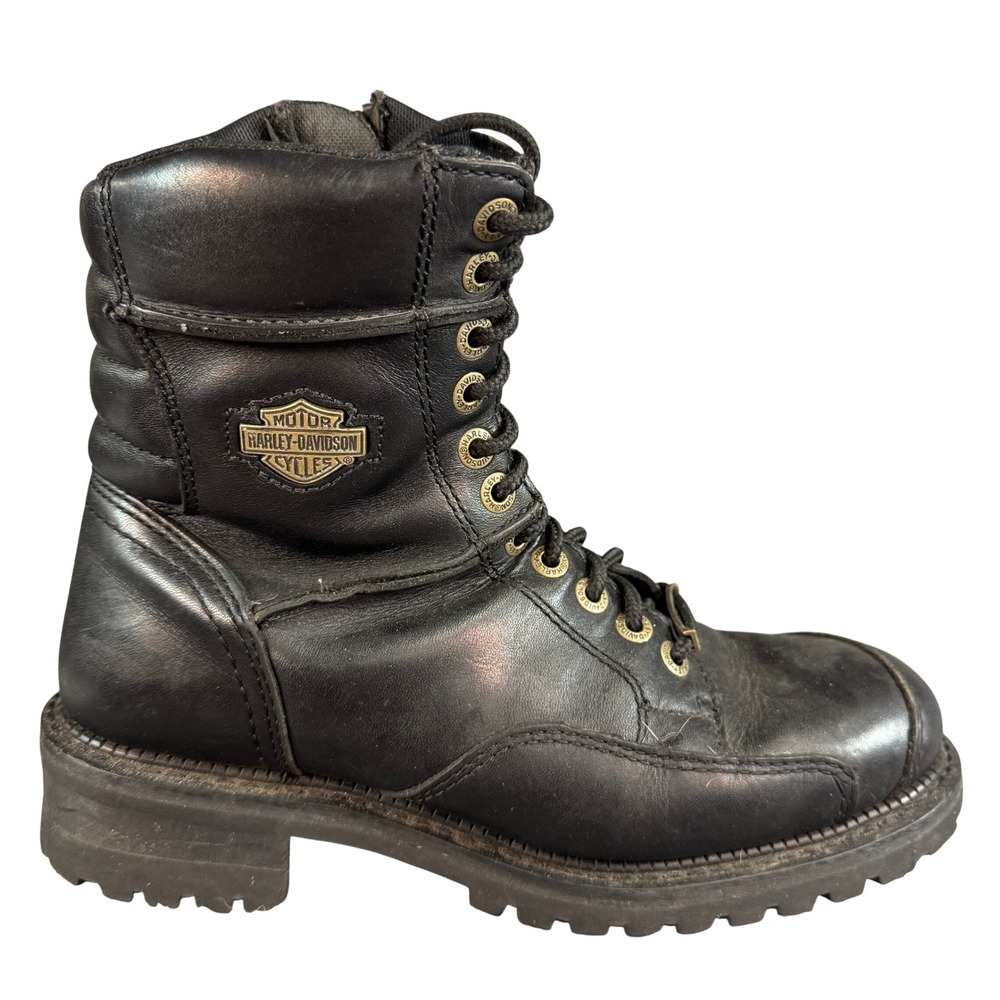 Harley-Davidson Mens Black Leather Side Zip Lace Up Motorcycle Boots Lug Sole 9